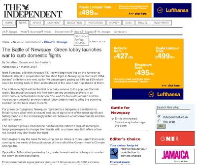Article on preventing flights to Newqay, surrounded by adverts from Lufthansa for flights to Kolkata, Kuala Lumpur and Singapore, and a promotional on Jamaica 